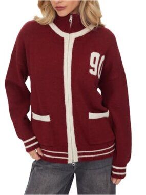 Oversized Zip Front Knit Cardigan Jacket Loose Fit Varsity Graphic